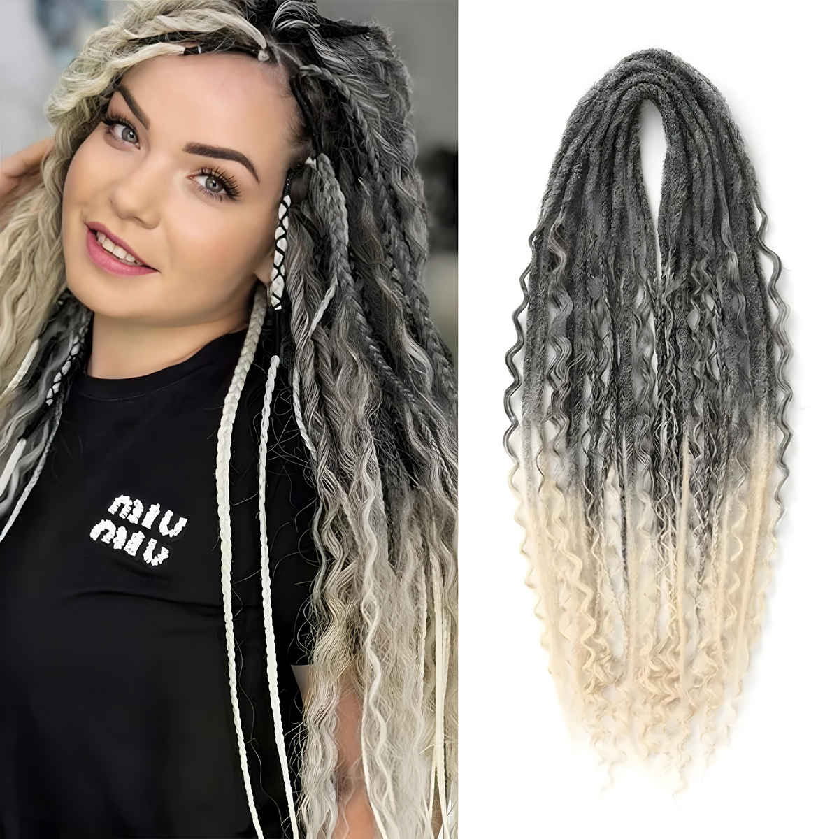Set 15 Boho Dreadlocks Double Ended - 60 cm – #MT1B/613 (ombre dark grey to bleach blonde)