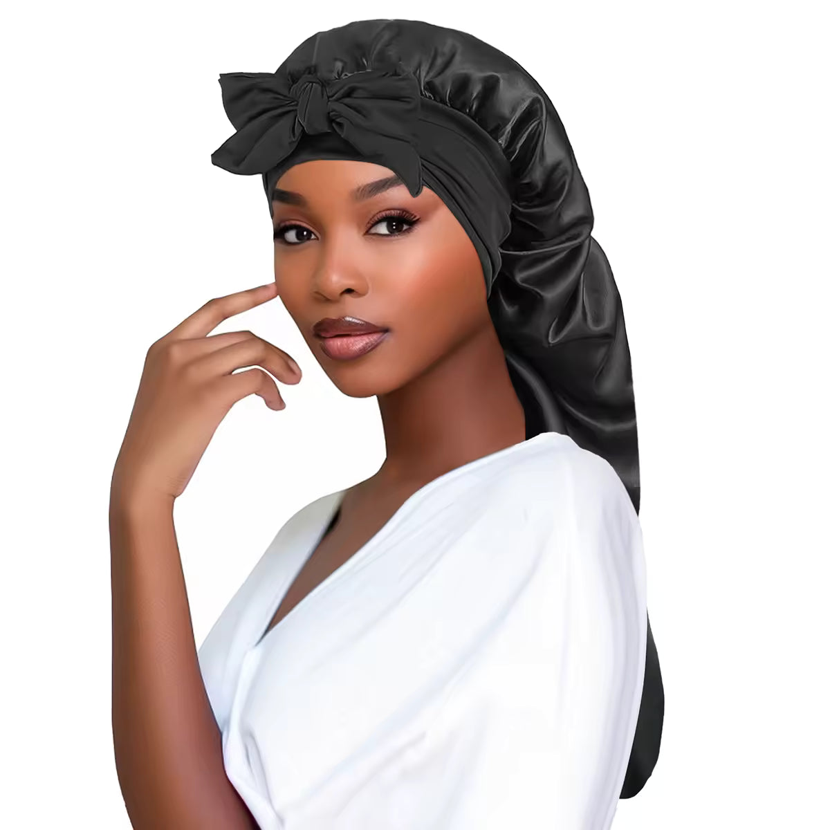 Lange Satin-Schlafmütze für lange Haare – Schwarz