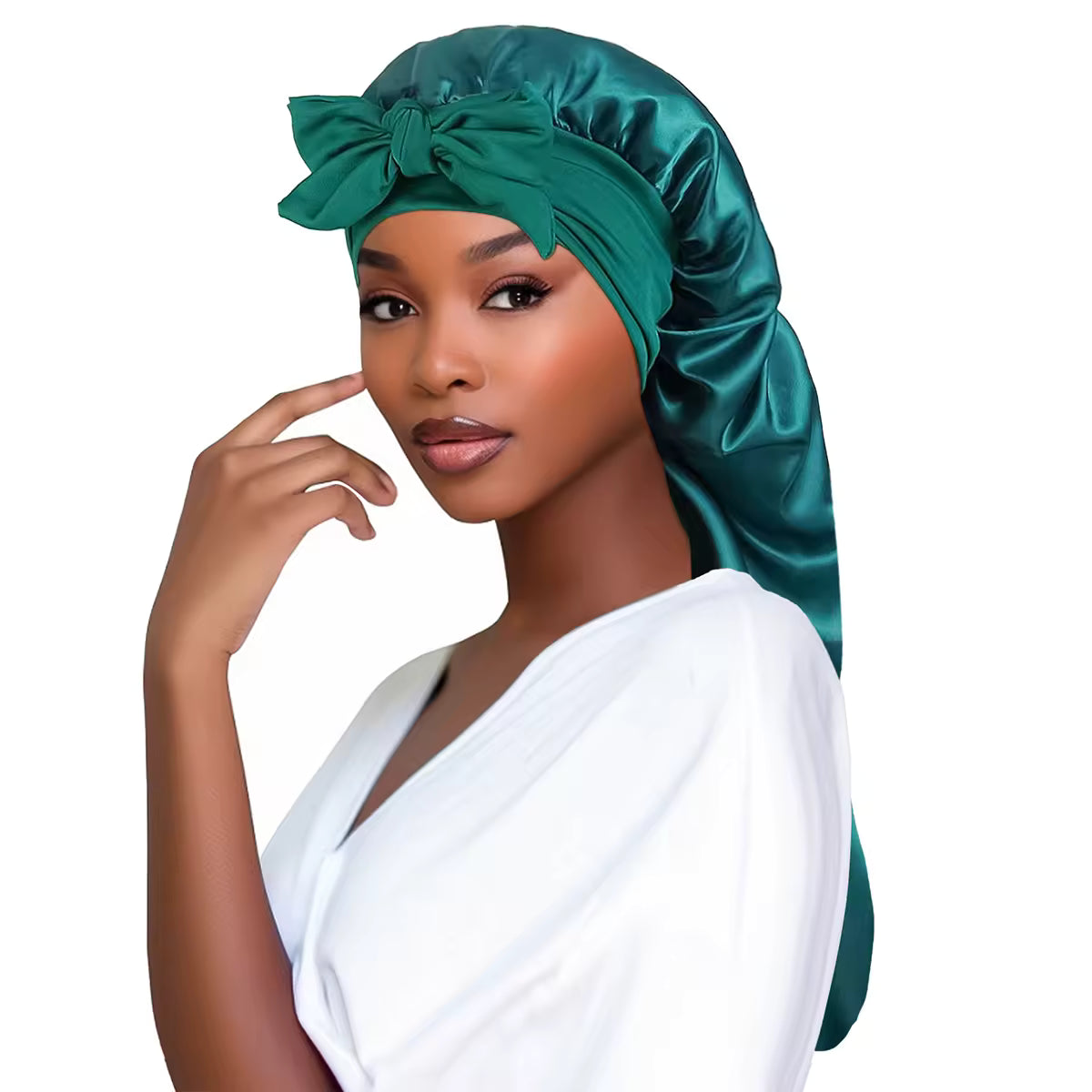 Lange Satin-Schlafmütze für lange Haare – Verde teal